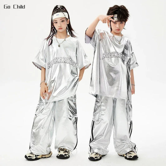 Boys Hip Hop Silver T-shirt Street Dance K-pop Cargo Pants Girls PU Leather Clothes