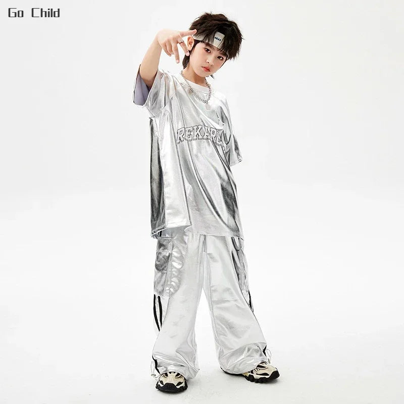 Boys Hip Hop Silver T-shirt Street Dance K-pop Cargo Pants Girls PU Leather Clothes