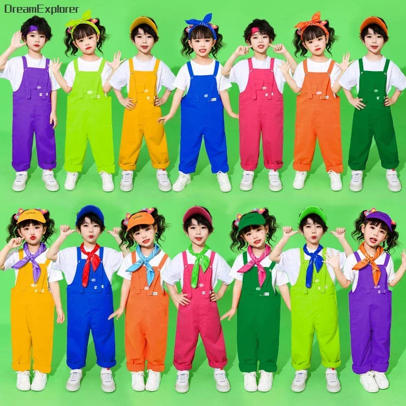 Boys Hip Hop Loose Colorful Overalls Girls Patchwork Dungaree