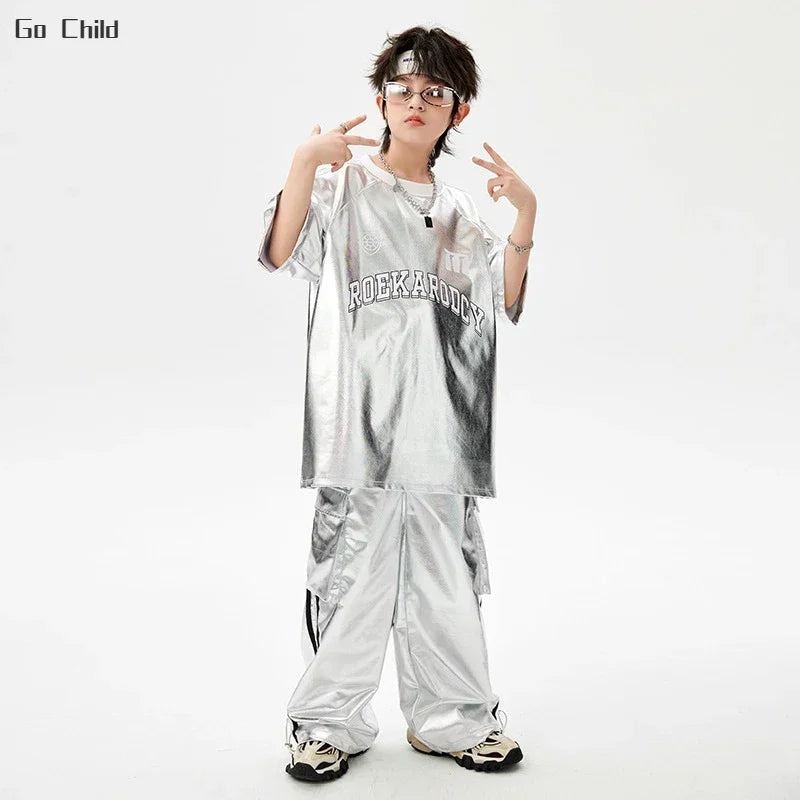 Boys Hip Hop Silver T-shirt Street Dance K-pop Cargo Pants Girls PU Leather Clothes