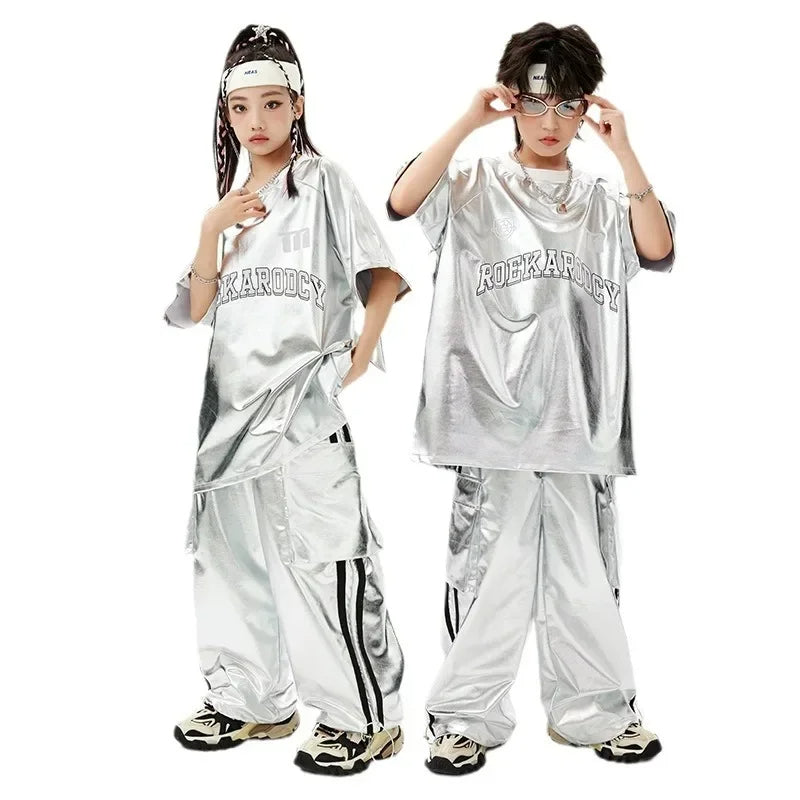 Boys Hip Hop Silver T-shirt Street Dance K-pop Cargo Pants Girls PU Leather Clothes