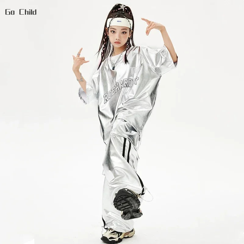 Boys Hip Hop Silver T-shirt Street Dance K-pop Cargo Pants Girls PU Leather Clothes